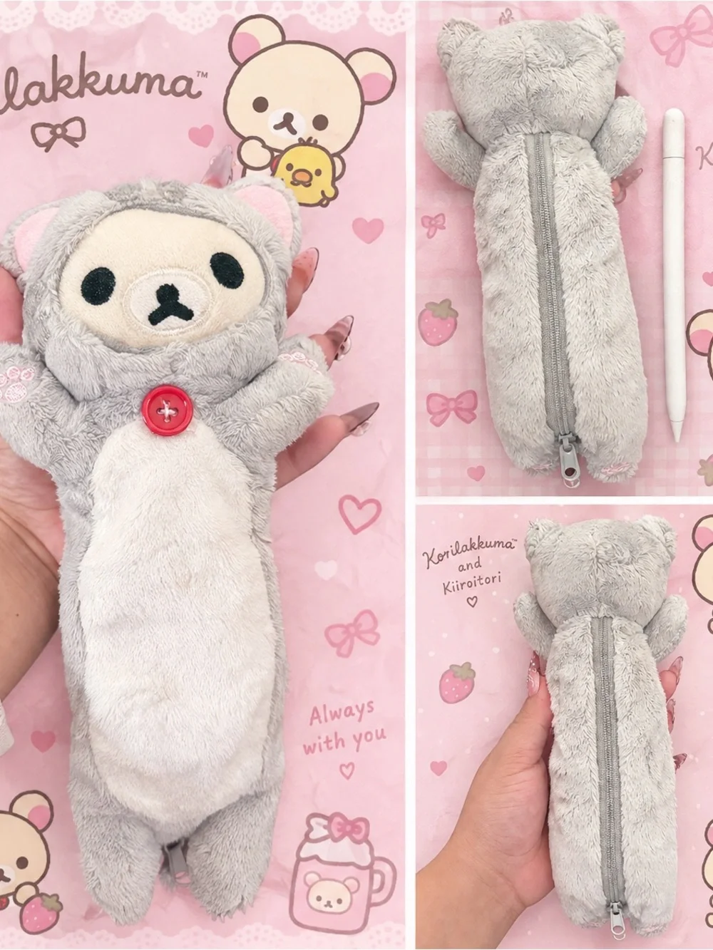 Korilakkuma Plush Zipper Pouch – Gray Cute Small Pets Accessory
